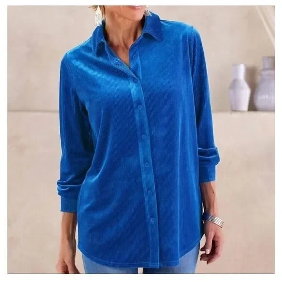 Soft Surroundings Tops - Soft Surroundings Ribbed Metallic Blue Velvet Boyfriend Tunic Button Shirt LARGE